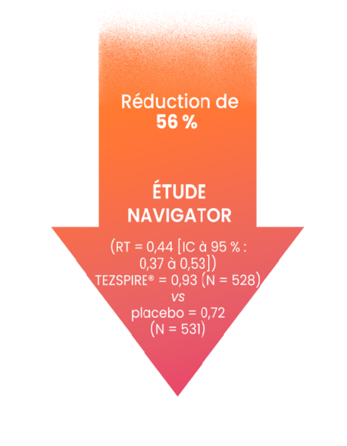 TEZSPIRE® a entraîné une réduction du TAEA de 71 % par rapport au placebo dans le cadre de l’étude PATHWAY : RT = 0,29 (IC à 95 % : 0,16 à 0,51), TEZSPIRE® = 0,20 (N = 137) vs placebo = 0,72 (N = 138); ainsi qu’une réduction du TAEA de 56 % par rapport au placebo dans le cadre de l’étude NAVIGATOR : RT = 0,44 (IC à 95 % : 0,37 à 0,53), TEZSPIRE® = 0,93 (N = 528) vs placebo = 0,72 (N = 531).